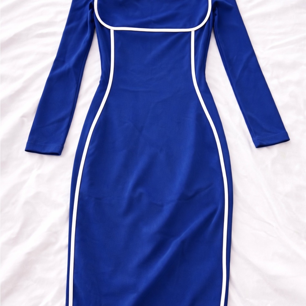 Chic Royal Blue Long Sleeve Dress with White Accents